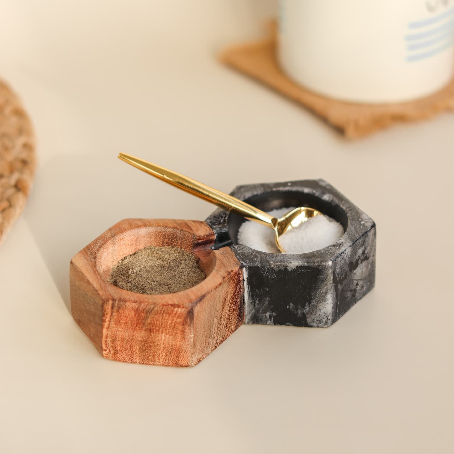 2 Mason Marble + Wood Salt and Pepper Set with Spoon - Image 1