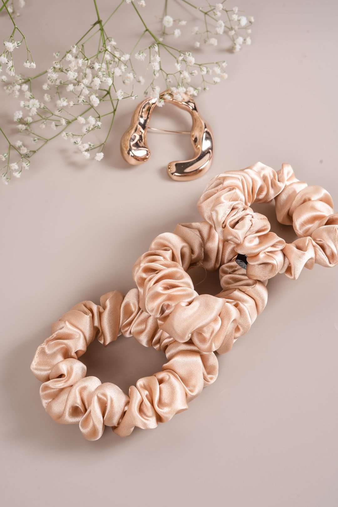untitled-21 Champagne Gold Silk Scrunchies - Pack of 3 - Image 1